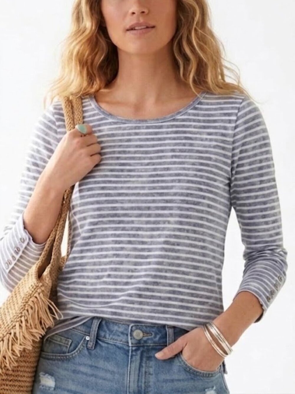 Lucky Lotus Blue White Striped Button Cuff Knit Long Sleeve Top Size S